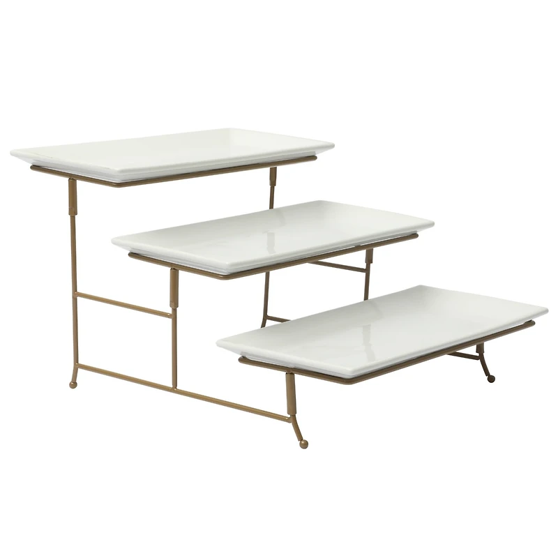Gibson Home Gracious Dining Dinnerware, 3-Tier Rectangle Plate Serving Set with Gold Metal Stand, White