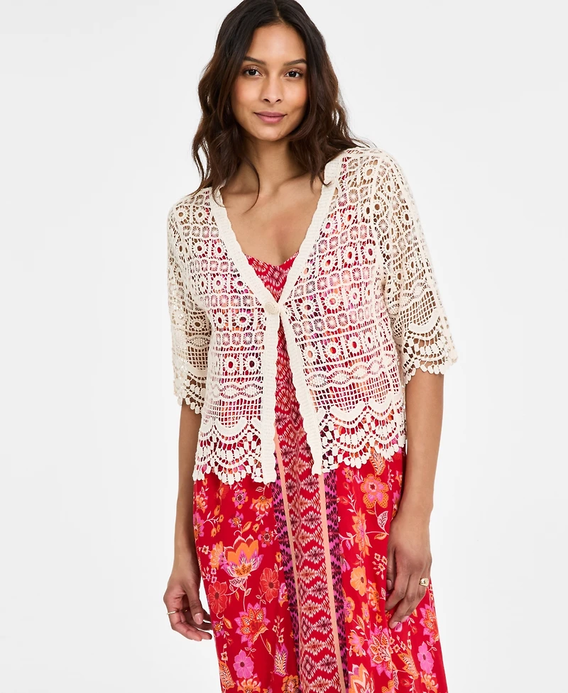Liverpool Los Angeles Women's Crochet Lace Short-Sleeve Cotton Bolero Sweater