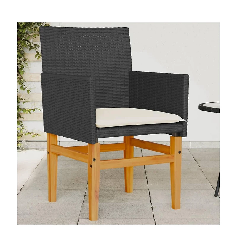 Patio Chairs with Cushions 2 pcs Black Poly Rattan&Solid Wood