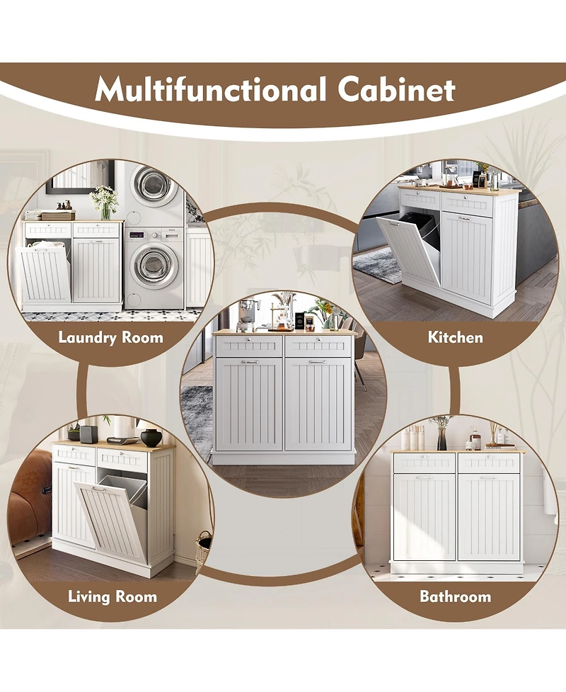 Lovmor Two-Compartment Tilt-Out Trash Cabinet, Pet Proof Kitchen Cabinet with Cutting Board, Free Standing Laundry Sorter Hampe