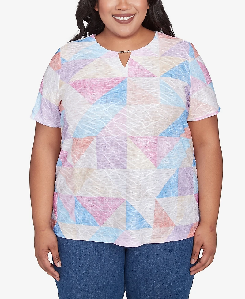 Alfred Dunner Plus Geometric Patchwork Crew Neck Top