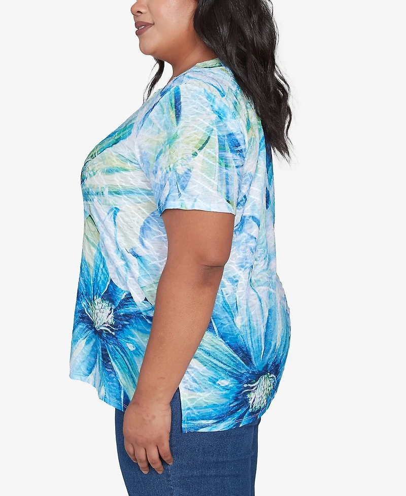 Alfred Dunner Plus Size Dramatic Blue Floral Crew Neck Top