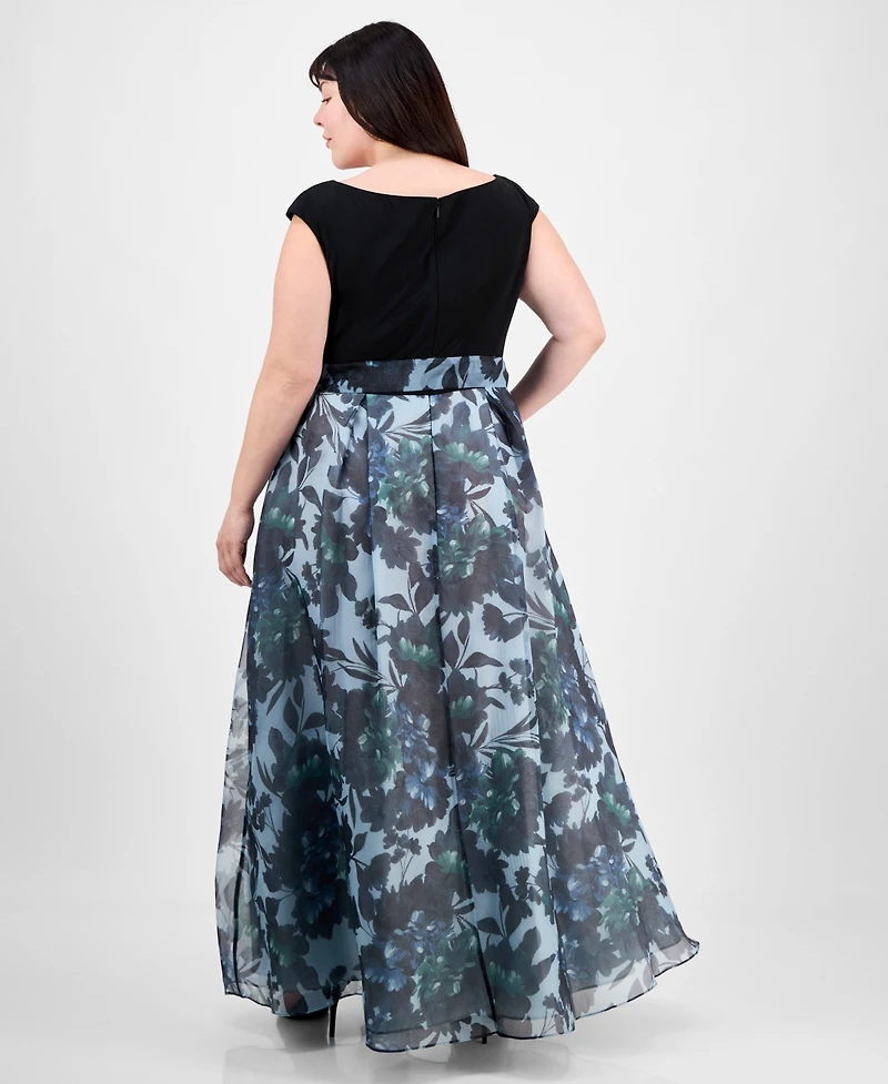 Sl Fashions Plus Size Tie-Front Printed Organza Ballgown