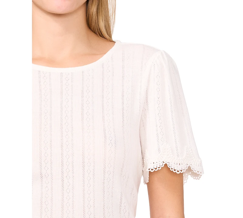 CeCe Women's Scalloped-Cuff Lace-Trim Round-Neck Top