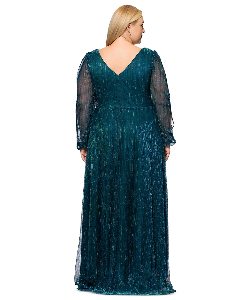 Betsy & Adam Plus Metallic Pleated Split-Sleeve Gown