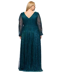Betsy & Adam Plus Metallic Pleated Split-Sleeve Gown