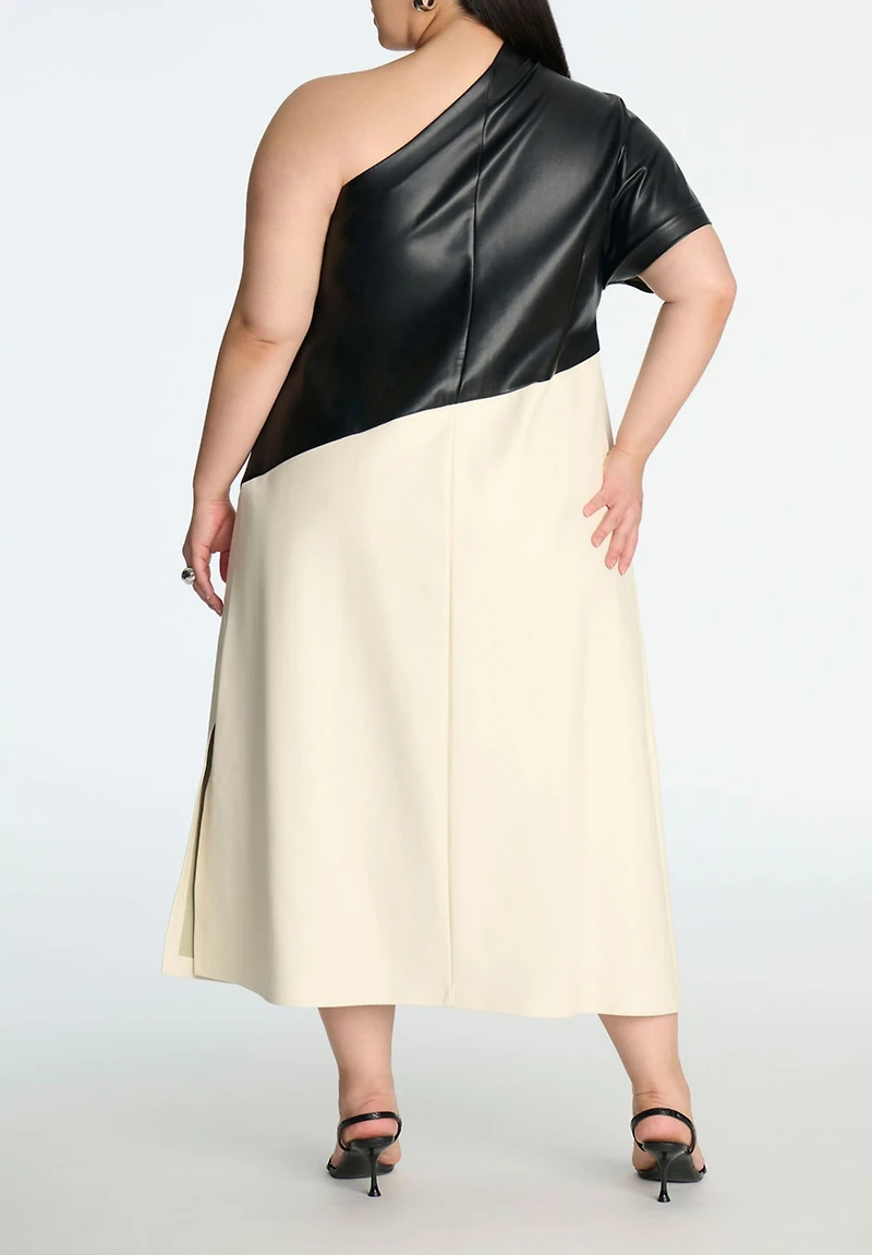Eloquii Women's One Shoulder Colorblock Faux Leather Dress