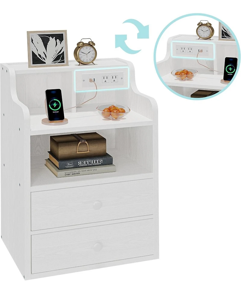 Likimio White Nightstand with Charging Station 2 Drawers and Storage Shelves