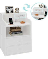 Likimio White Nightstand with Charging Station 2 Drawers and Storage Shelves