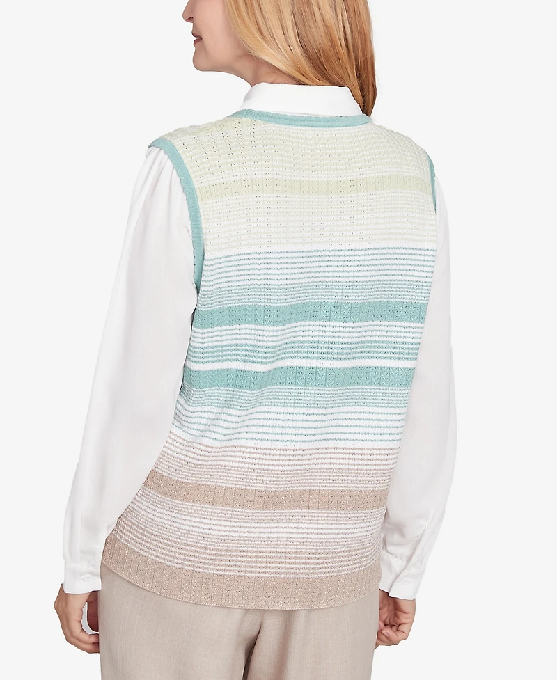 Alfred Dunner Petite Kensington Gardens Striped Vest Collared Two One Sweater with Necklace