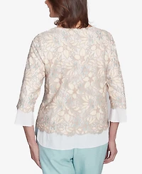 Alfred Dunner Petite Kensington Gardens Floral Lace Woven Trim Top with Necklace