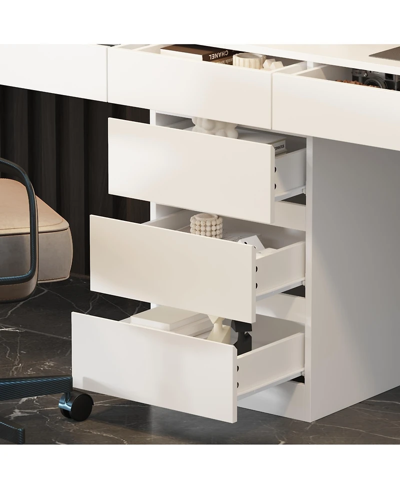 Famapy 94.5 in. W Large 2 in. 1 Wood Double Computer Desk White Writing Desk 86.6 in. Tall Bookshelf, Drawers Home Office