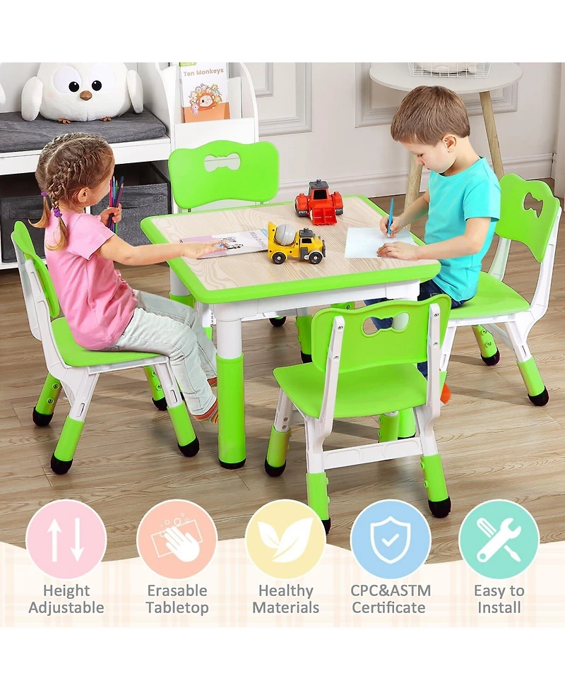 Kids Table and 4 Chairs Set Height Adjustable Toddler Table and Chair Set for Ages 2-10 Activity Table for Toddlers 5-Piece Childrens Table and Chair