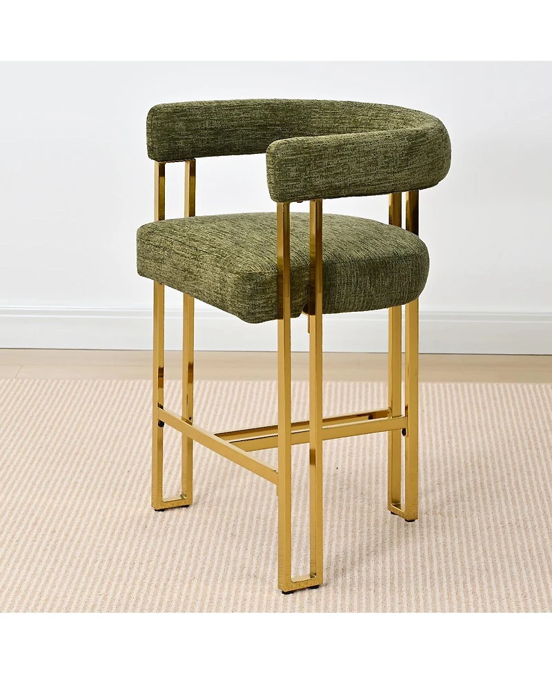 25'' Counter Height Stool with Gold Metal Legs, Chenille Upholstery, Curved Back and Armrest, 1 Unit-Maison Boucle