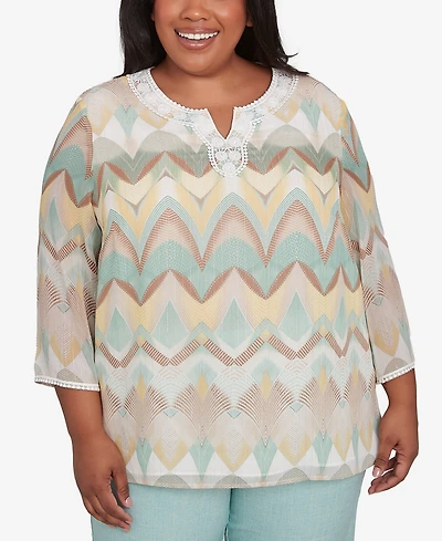 Alfred Dunner Plus Size Kensington Gardens Chevron Textured V-Neck Top