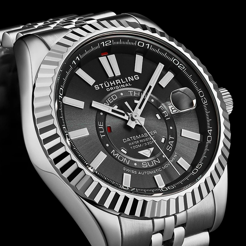 Stuhrling Datemaster Ii Men s Swiss Automatic 42mm Stainless Steel Watch, Black Dial, Fluted Bezel, Day & Date, 100M Water Resistant
