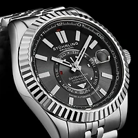 Stuhrling Datemaster Ii Men s Swiss Automatic 42mm Stainless Steel Watch, Black Dial, Fluted Bezel, Day & Date, 100M Water Resistant