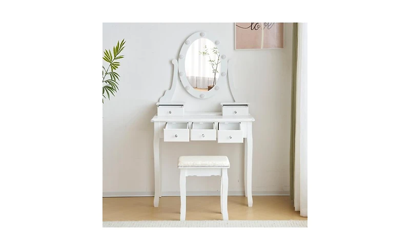 Bedroom Vanity Table with Adjustable Light Mirror – Makeup Desk with Storage & Stool Option