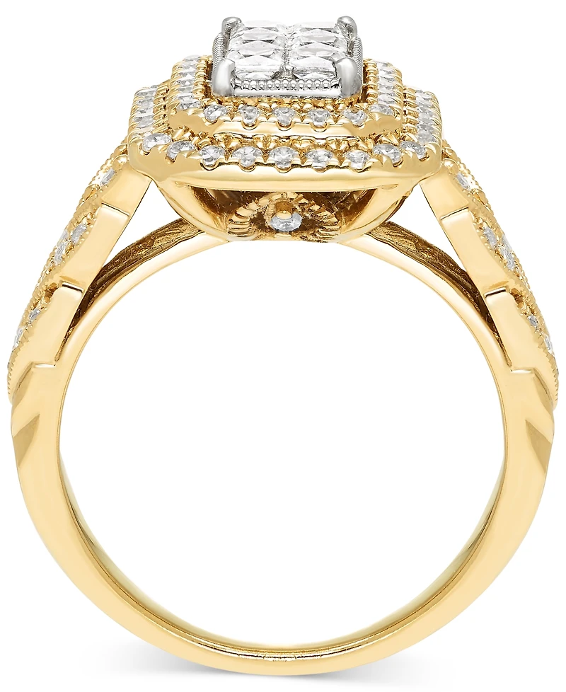 Diamond Emerald Shaped Double Halo Cluster Ring (1 ct. t.w.) in 14k Two-Tone Gold