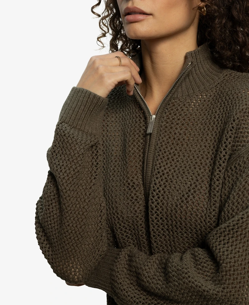 Sanctuary Women's Cotton Half-Zip Open-Knit Sweater