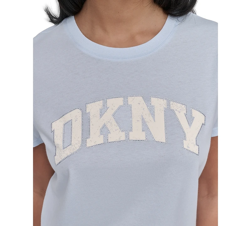 Dkny Women's Active Rhinestone-Logo Distressed Crewneck Cotton T-Shirt