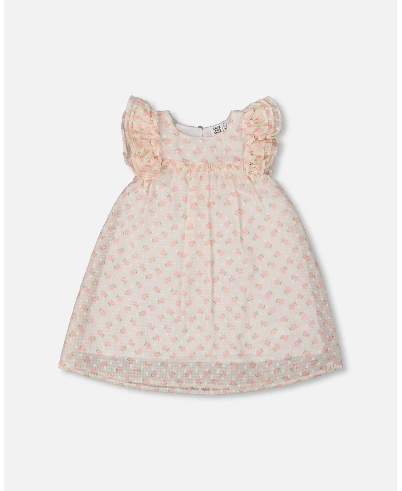 Deux par Deux Toddler Girls Printed Dress With Frills Pale Pink And Flowers - Toddler|Child