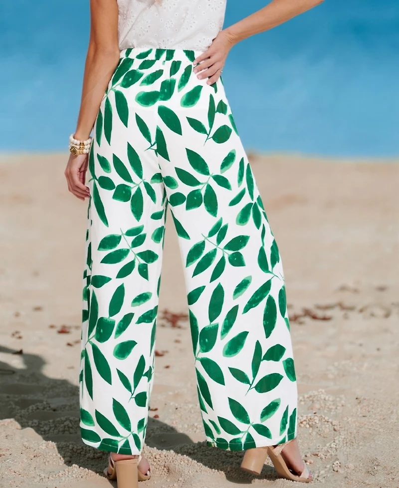 Cupshe Women's White & Green Tropical Leaf Drawstring Cover-up Pants