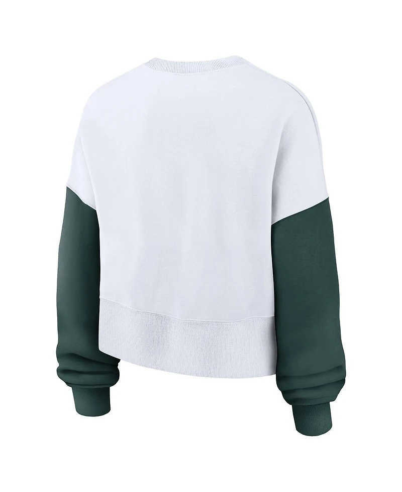 Nike Women's White Michigan State Spartans Color-Block Oversized Cropped Pullover Sweatshirt