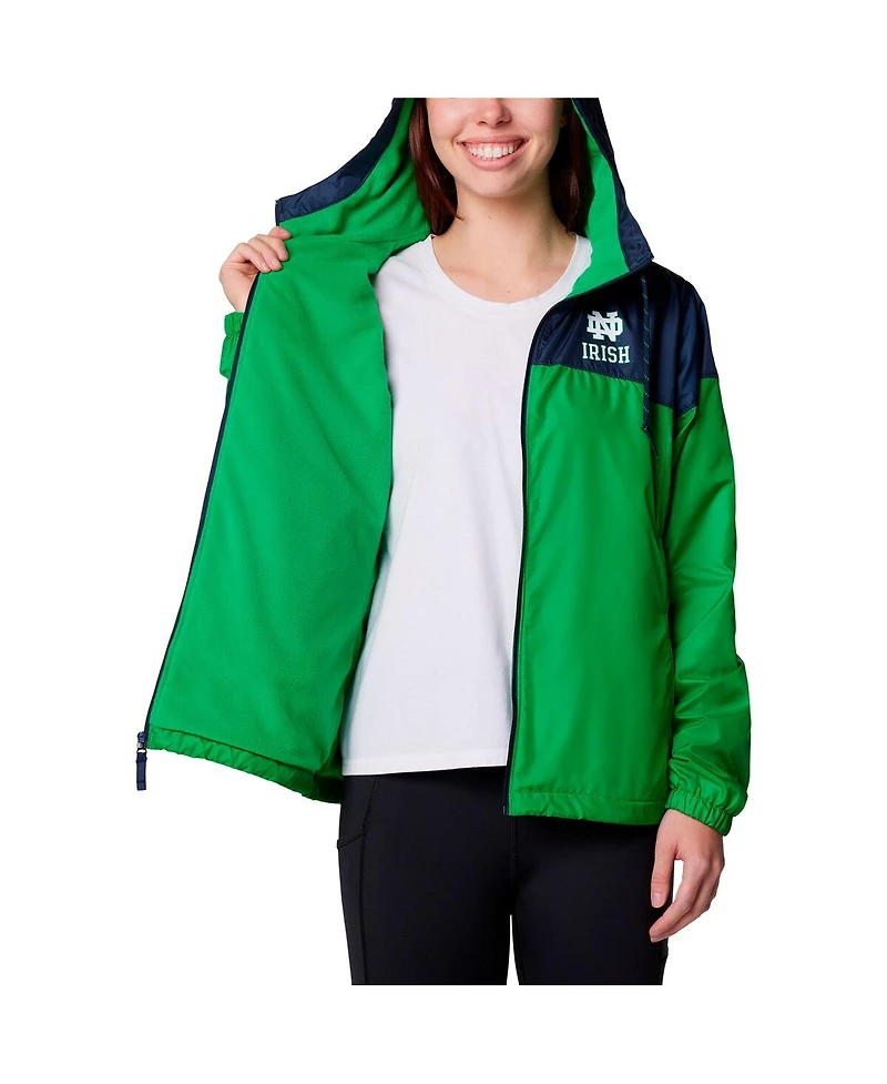 Columbia Women's Navy/Green Notre Dame Fighting Irish Flash Forward Full-Zip Hoodie Windbreaker Jacket