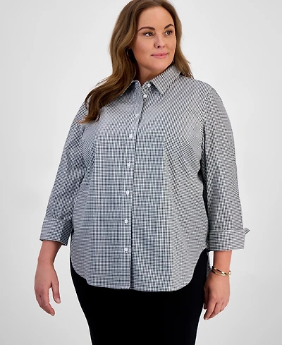 Kasper Plus Size Gingham Button-Up 3/4-Sleeve Shirt