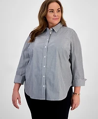 Kasper Plus Size Gingham Button-Up 3/4-Sleeve Shirt