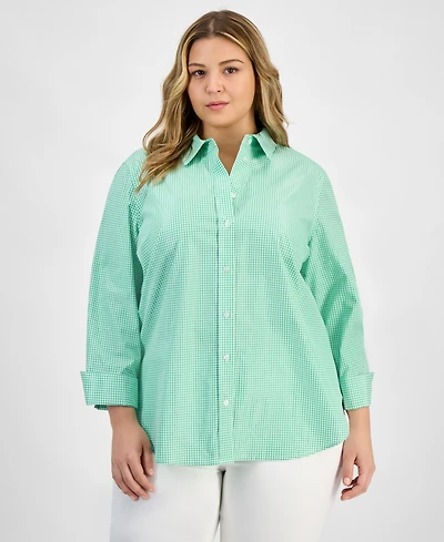Kasper Plus Size Gingham Button-Up 3/4-Sleeve Shirt