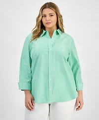 Kasper Plus Size Gingham Button-Up 3/4-Sleeve Shirt