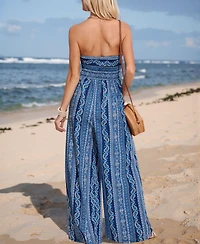 Cupshe Women's Indigo Paisley Strapless Wide Leg Jumpsuit