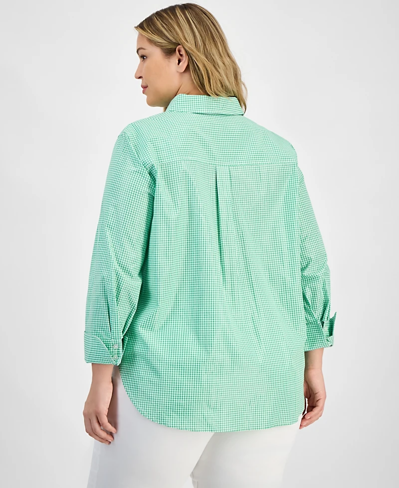 Kasper Plus Size Gingham Button-Up 3/4-Sleeve Shirt