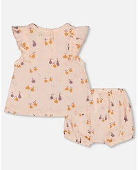 Deux par Baby Girls Printed Muslin Top And Bloomer Set Peach With Pears