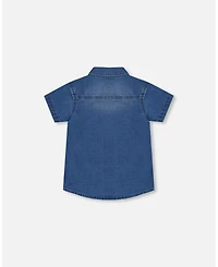 Deux par Toddler Boys Short Sleeve Button Down Shirt Dark Denim Blue - Toddler|Child