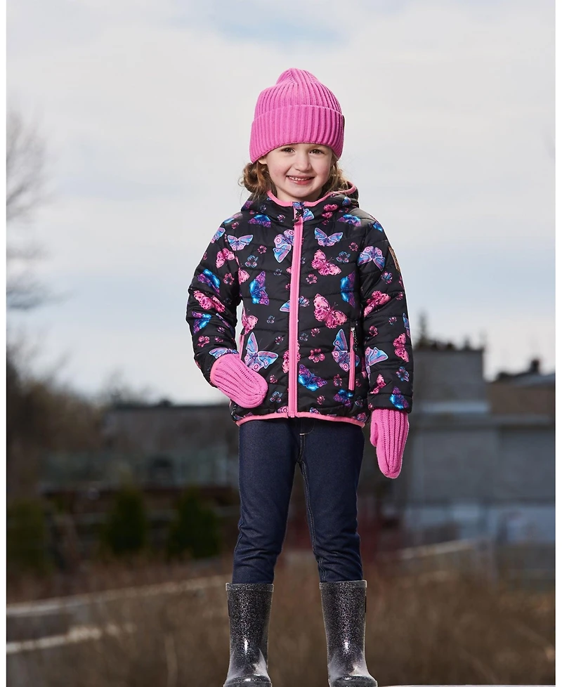 Deux par Deux Baby Girls Printed Quilted Mid-Season Jacket Multicolored Butterflies On Black Background