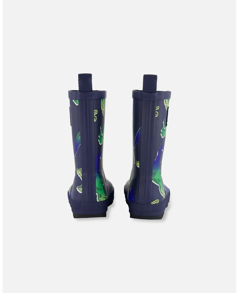 Deux par Little Boys Printed Rain Boots Blue And Green Dino On Navy - Toddler|Child