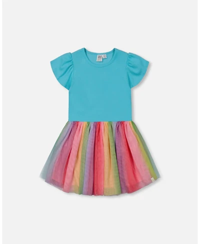 Deux par Deux Big Girls Bi-Material Dress With Printed Mesh Skirt Multicolored