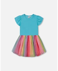 Deux par Deux Big Girls Bi-Material Dress With Printed Mesh Skirt Multicolored