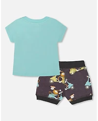 Deux par Deux Baby Boys Two-Piece Top And Short Set Monkey On Navy And Turquoise Moped