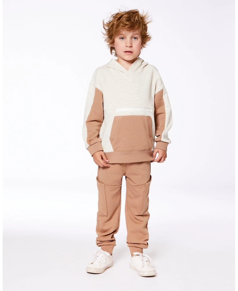 Deux par Deux Toddler Boys French Terry Color Block Pullover Hoodie Sweatshirt Beige And Off-White - Toddler|Child