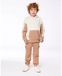 Deux par Deux Toddler Boys French Terry Color Block Pullover Hoodie Sweatshirt Beige And Off-White - Toddler|Child