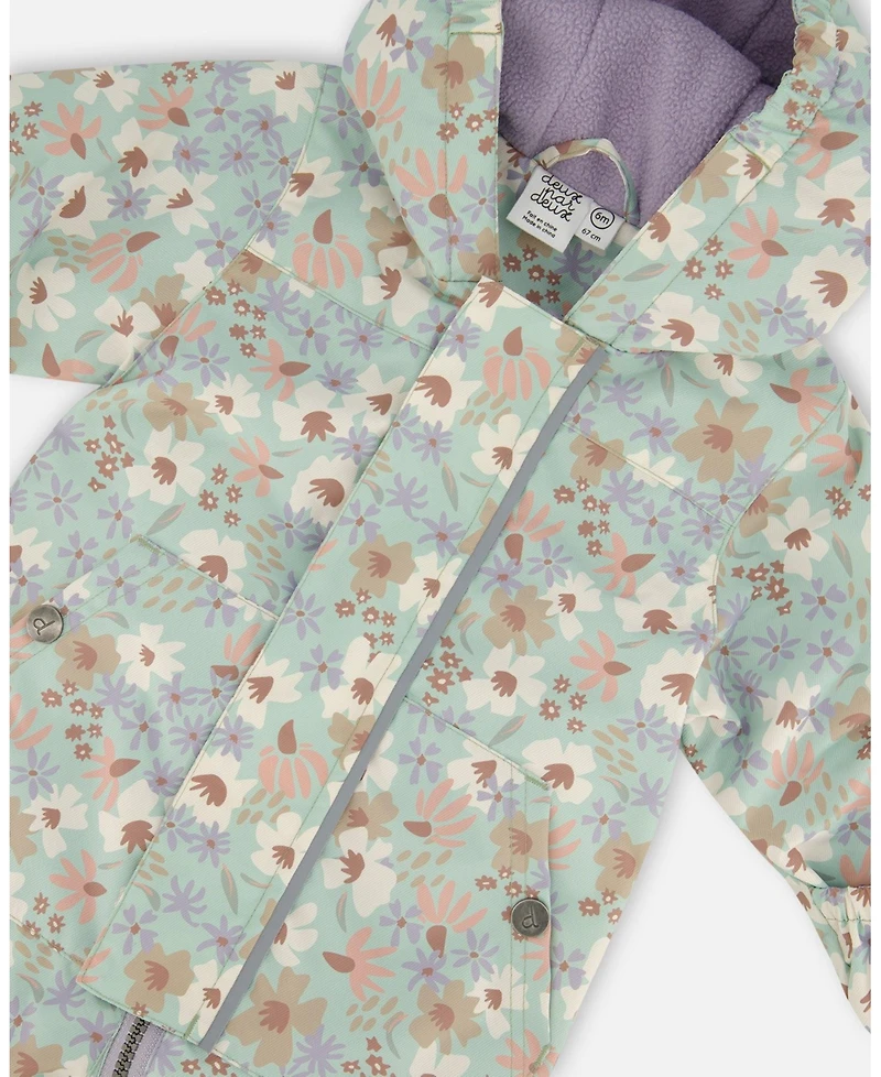 Deux par Deux Baby Girls Printed Mid-Season One-Piece Outerwear With Hat Small White Flowers On Turquoise And Lilac