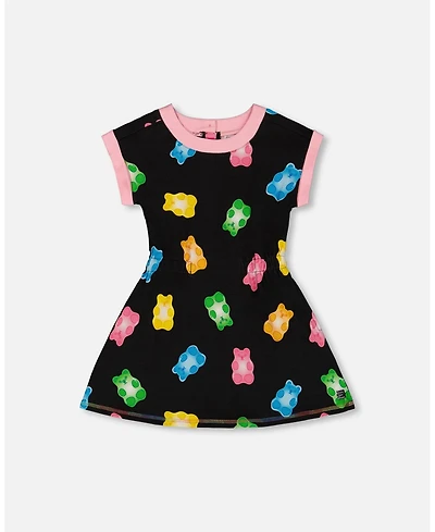Deux par Deux Big Girls Printed French Terry Dress Black And Multicolored Gummies