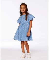 Deux par Deux Toddler Girls Printed Chambray Dress Blue And White Cherries - Toddler|Child