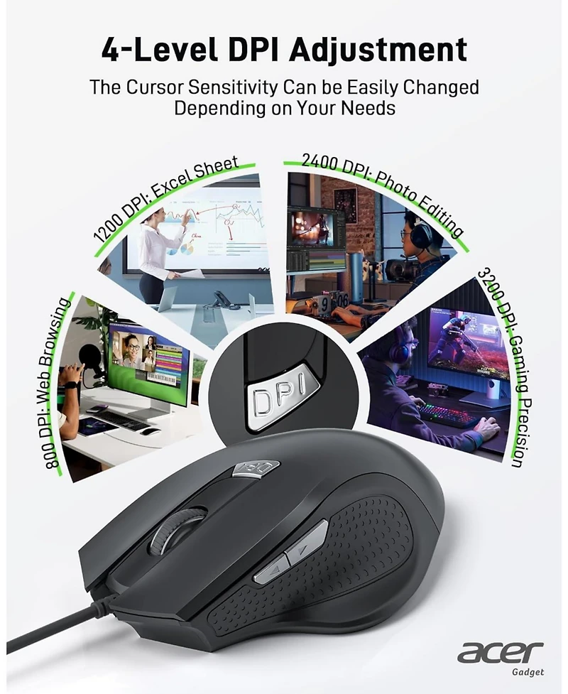 acer Wired Mouse, 4 Adjustable Dpi Usb Computer Mouse with Side Buttons, 5FT Cord Ergonomic Mouse, 6 Buttons, 3200 Dpi Optical Mouse, Compatible with
