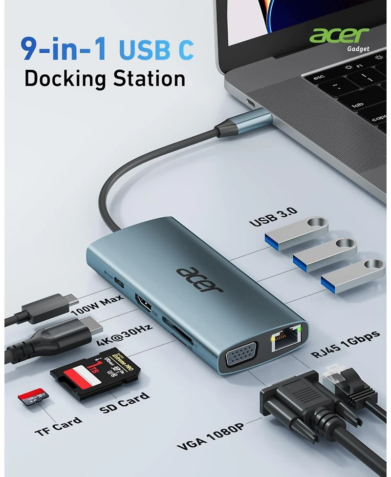 acer Usb C Hub with 4k Hdmi, 9-in-1 Usb C to Ethernet Adapter, 5Gbps Usb-a 3.0 Docking Station, Pd 100W Charging, Sd Card Reader, Usb to Vga Splitter
