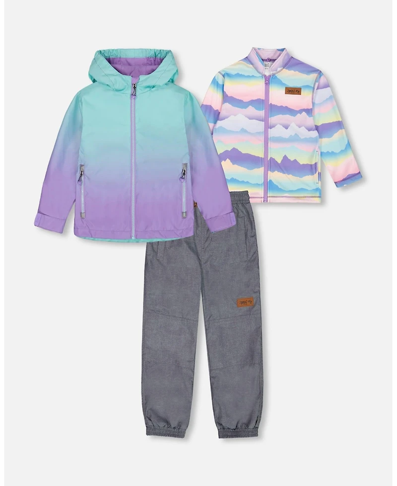 Deux par Deux Big Girls 3-In-1 Mid-Season Outerwear Set Turquoise And Mauve Gradient